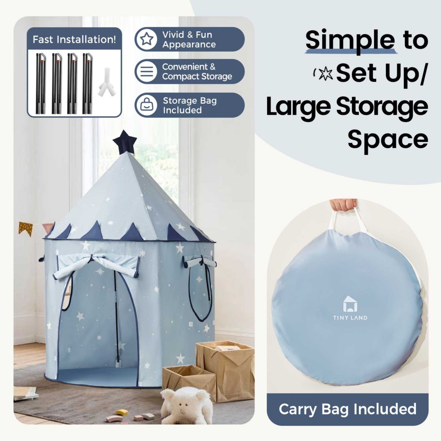 Детские игрушки Tiny Land Starry Blue Foldable 3-Piece Play Tent Set, Ages 3+ — фото 4