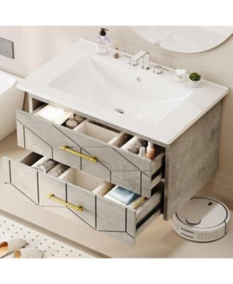30" Bathroom Vanity with Sink Combo Floating Bathroom Vanity with Ceramic Basin 2 Large Drawers with Gold Handle Soft-Close Design