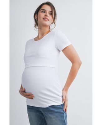 Maternity Nursing Ribbed Short-Sleeve Crewneck Top with Lift-Up Panel