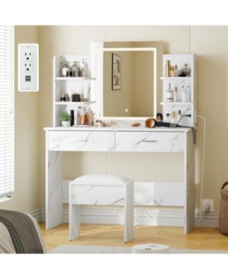 Vanity Desk with Lighted Mirror - Makeup Vanity Set with Power Outlet/Cushioned Stool - Vanity Table with 6 Storage Shelves