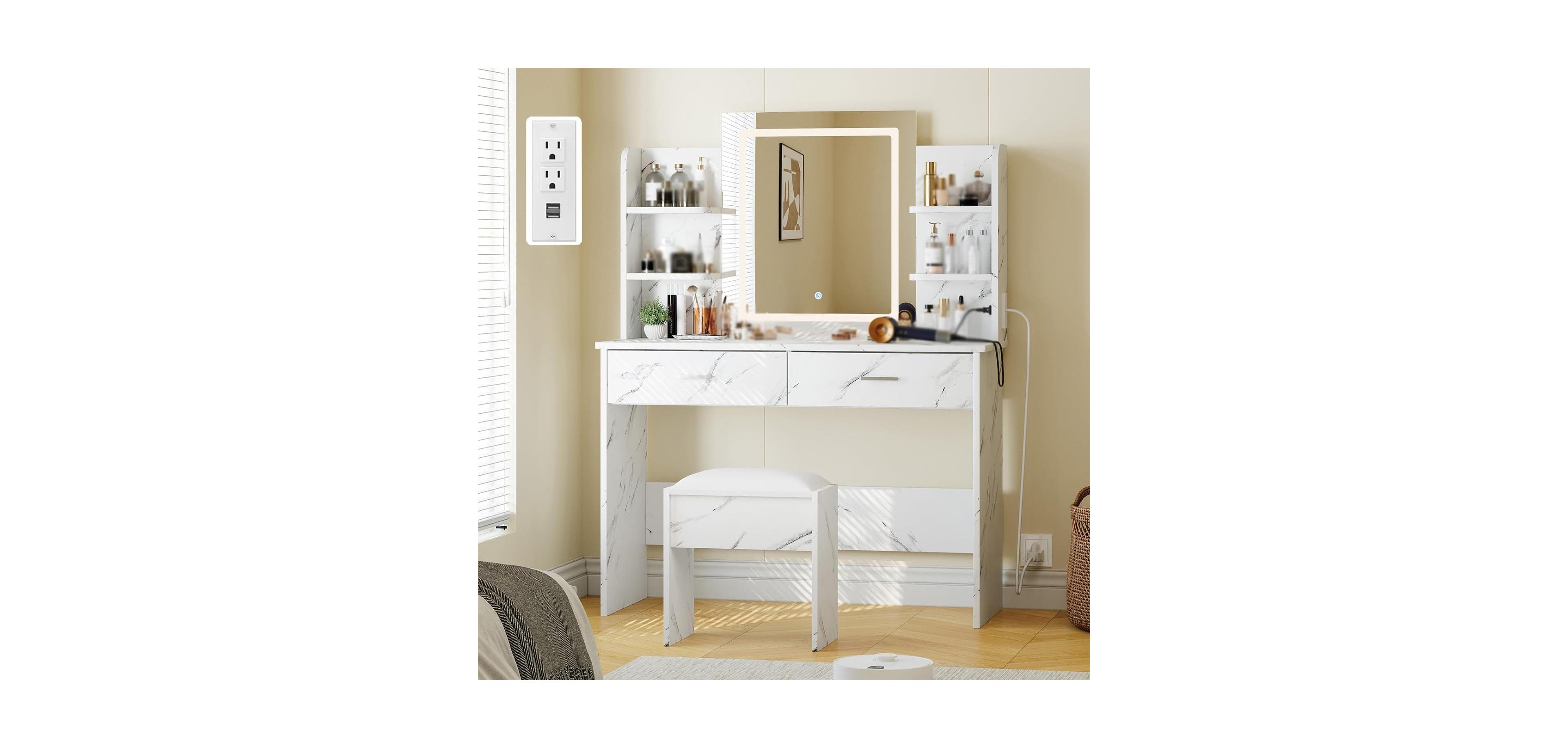 gaomon Vanity Desk with Lighted Mirror - Makeup Vanity Set with Power Outlet/Cushioned Stool