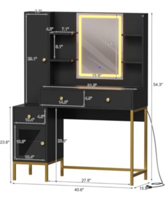 Makeup Vanity Desk with 3 Color LED Mirror - Dressing Table with Power Outlet - Vanity Table with 3 Drawers - 6 Open Shelves and 2 Cabinets