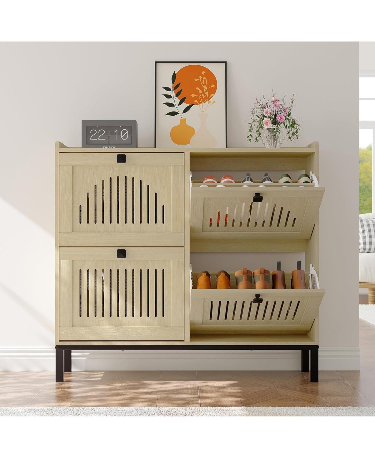 gaomon Shoe Storage Cabinet with 4 Flip Drawers, Hollow Panel Design, Black Square Handles, Adjustable Shoe Organizer for Entryway, Living Room