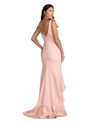 Women's Crepe Sleeveless Ruffled V-Neck Gown With Bow