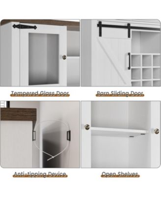 72" modern farmhouse coffee bar cabinet with LED lights, power outlets, sliding barn doors, wine storage, and ample space in rustic