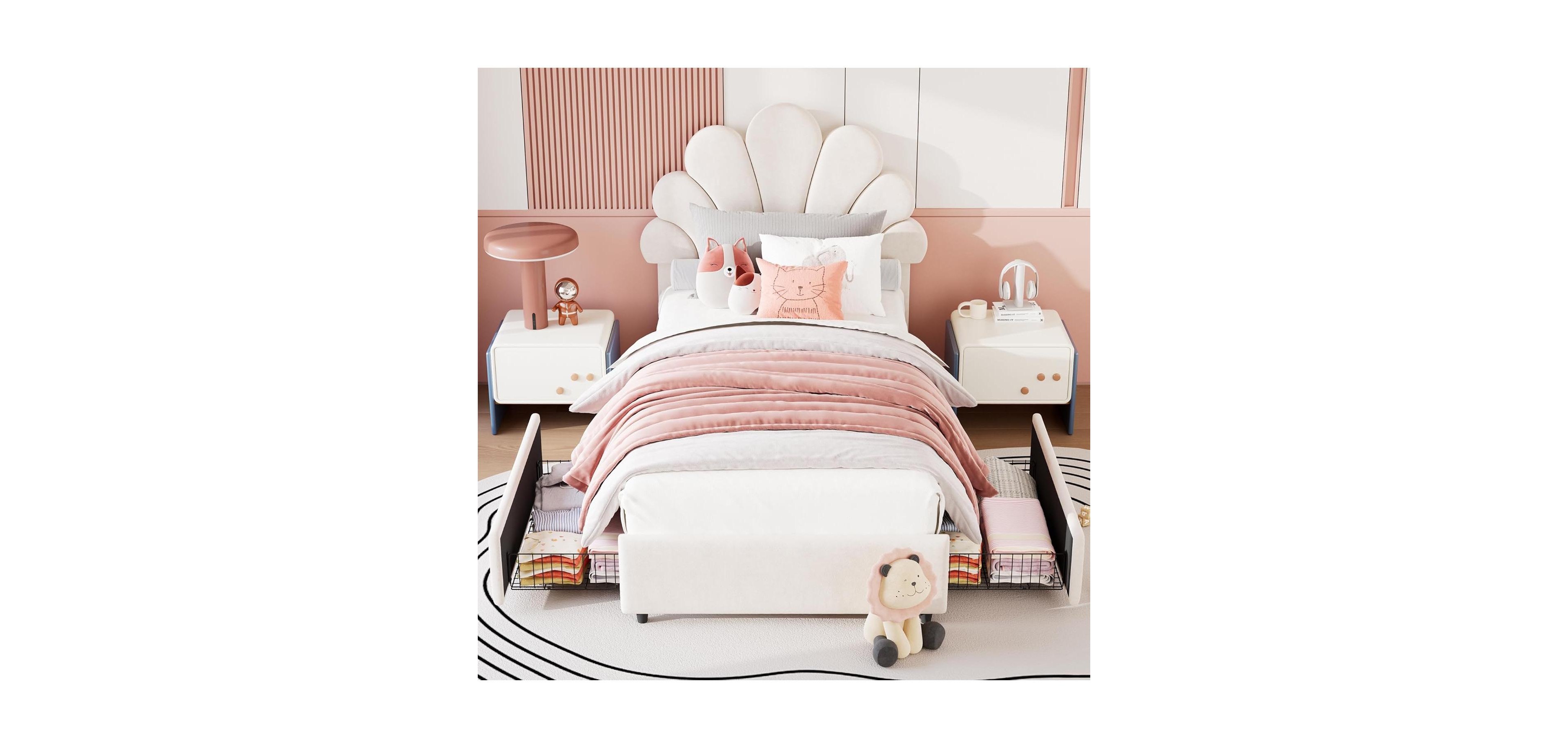 gaomon Twin Kids Platform Bed with 2 Drawers, Cute Velvet Headboard, Easy Assembly