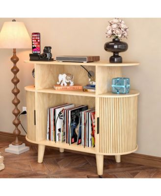 Mid-Century Modern Record Cabinet with Charging Station & Storage