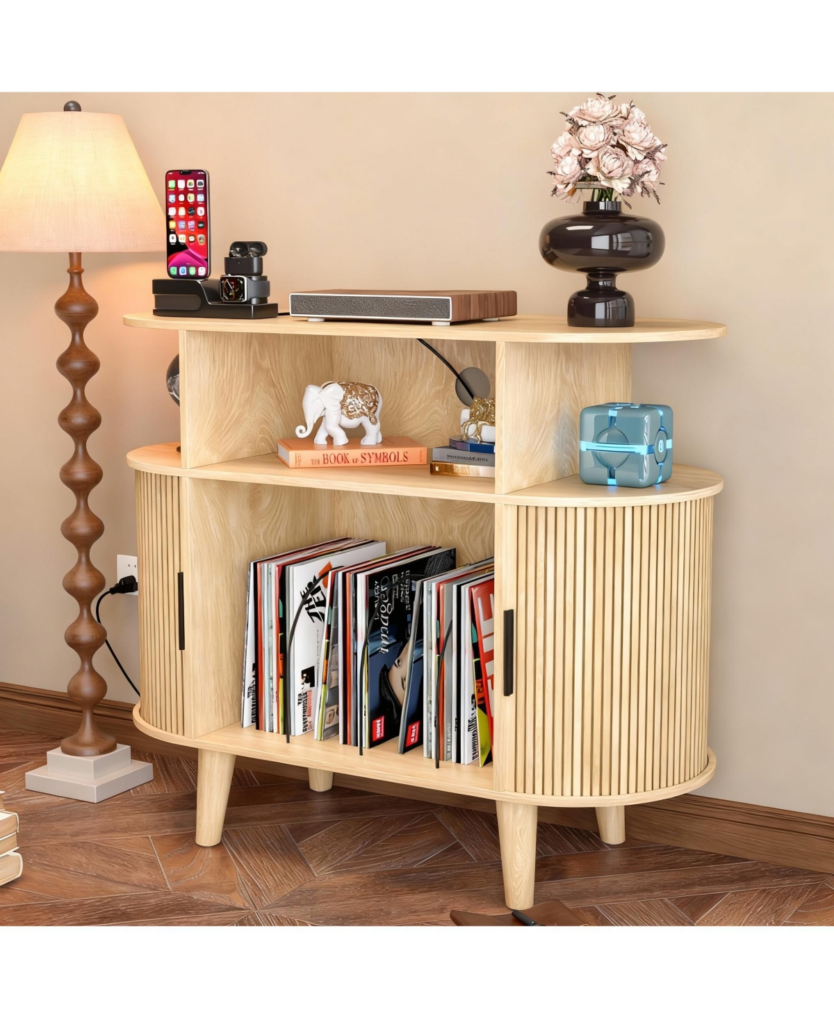 Yigii Mid-Century Modern Record Cabinet with Charging Station & Storage