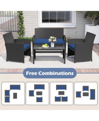 Set of 8 Patio Conversation Set w/Seat Cushions & Tempered Glass Tabletop Porch Outdoor