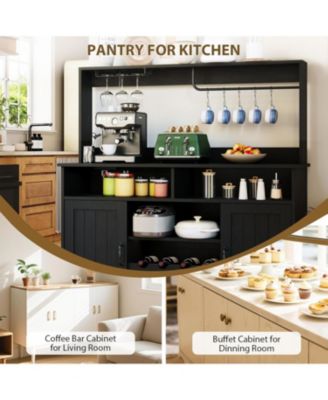 47" Farmhouse Coffee Bar Cabinet with Charging Station &Wine Racks Rustic Wood Kitchen Buffet Cabinet Wine Bar Table