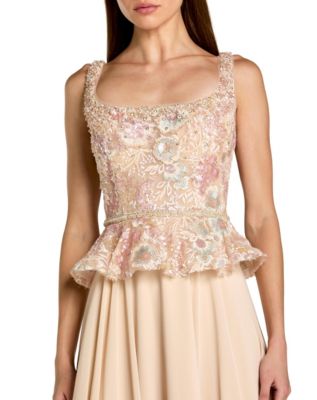 Women's Embroidered Peplum Top With Chiffon Skirt Gown