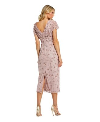 Petite Cap Sleeve Sheath Midi Dress With Floral Beading