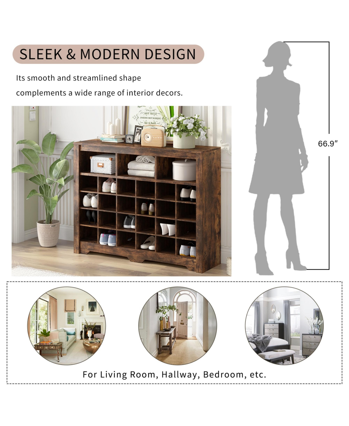 Rainsken Sleek Design 24 Shoe Cubby Console, 5-Tier Storage Cabinet with Curved Base, Freestanding Shoe Organizer for Hallway, Living Room