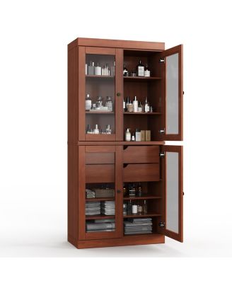 100% Solid Wood 32" Bathroom Storage Cabinet with Clear Glass Doors, 2-Drawers & Adjustable Shelves