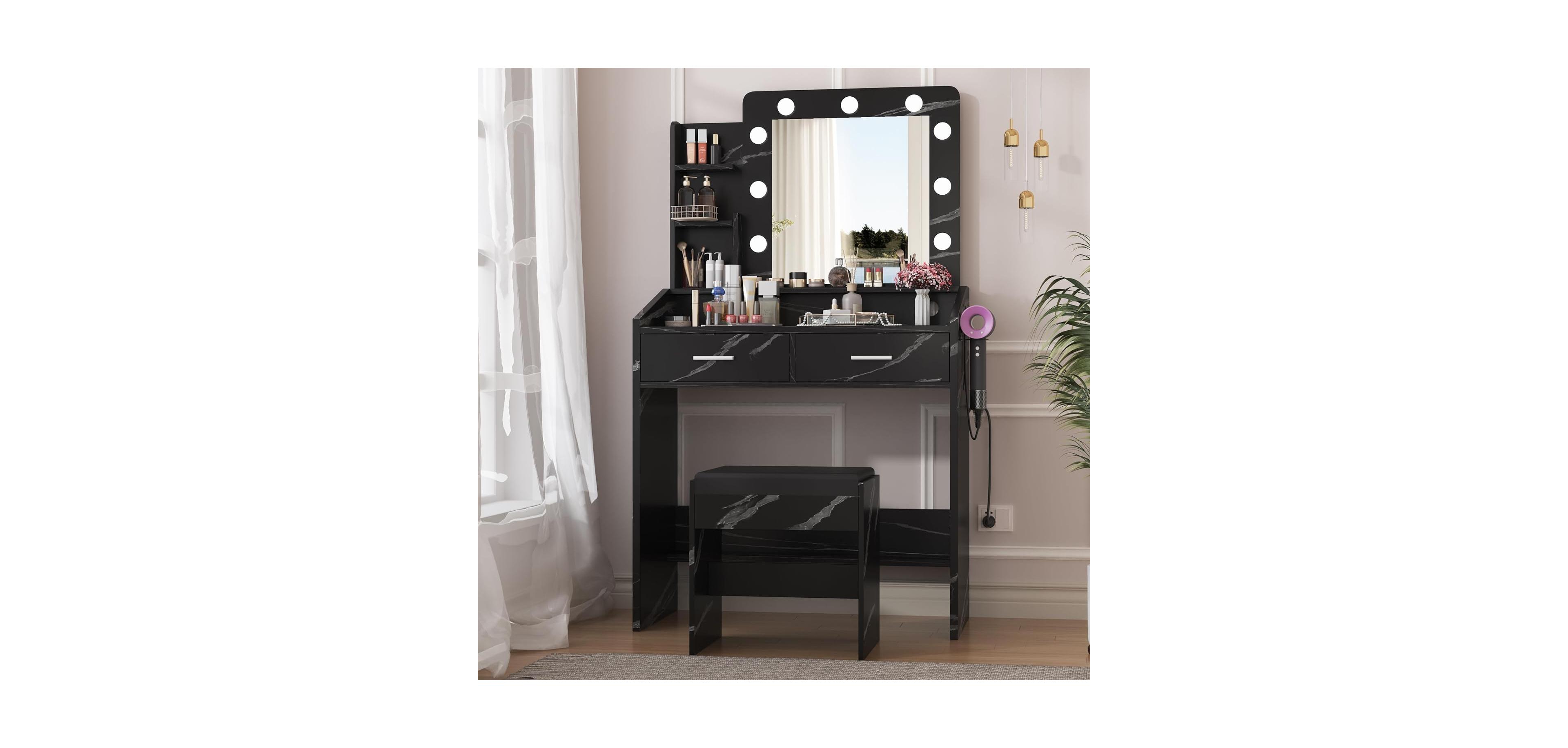 gaomon Vanity Desk with Mirror and Led Lights - Makeup Vanity Desk with Power Outlet and Cushioned Stool