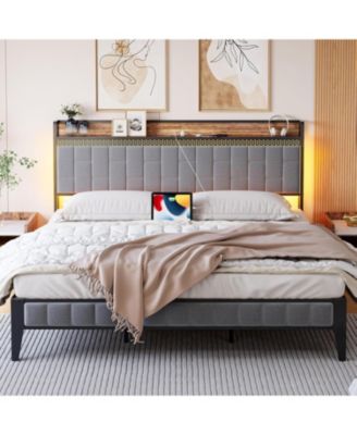 Bed Frame, LED Upholstered Platform Bed Frame with Charging Station, Storage Headboard, Strong Metal Slats Support, Noise Free, No Box