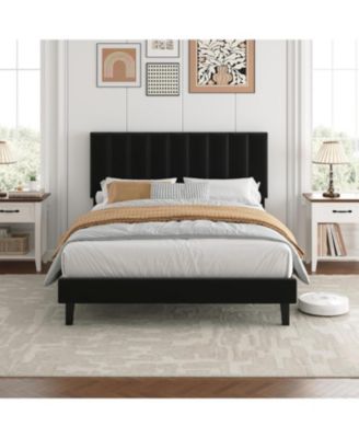 Full Upholstered Platform Bed Frame with Vertical Channel Tufted Headboard, Adjustable Height, Wooden Slats, Noise Free