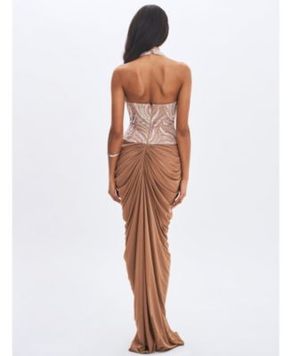 Women's Nancie Apricot Beaded Halter Peplum Pleated Maxi Dress