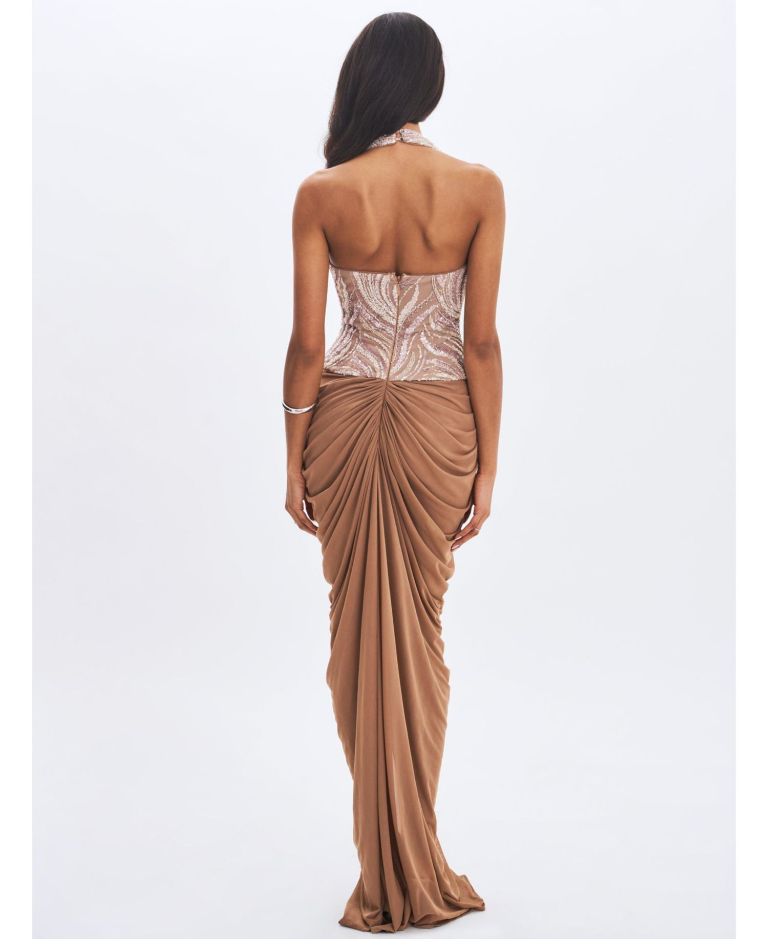 Women's Nancie Apricot Beaded Halter Peplum Pleated Maxi Dress