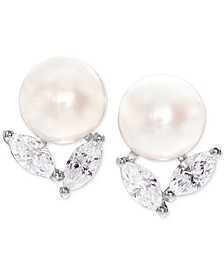 Cultured Freshwater Pearl (8mm) and Cubic Zirconia Stud Earrings in Sterling Silver