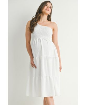 Maternity One-Shoulder Smocked Swiss Dot Midi Dress