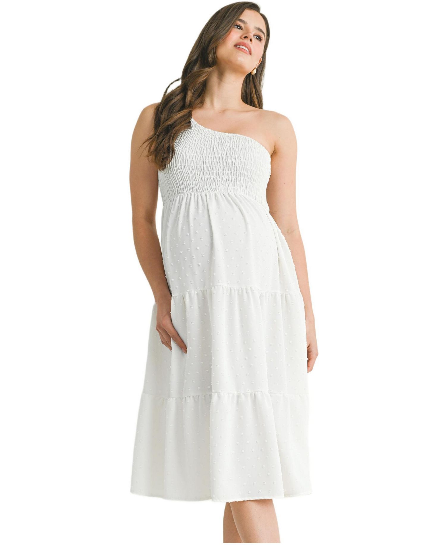 Women's One-Shoulder Smocked Swiss Dot Midi Dress