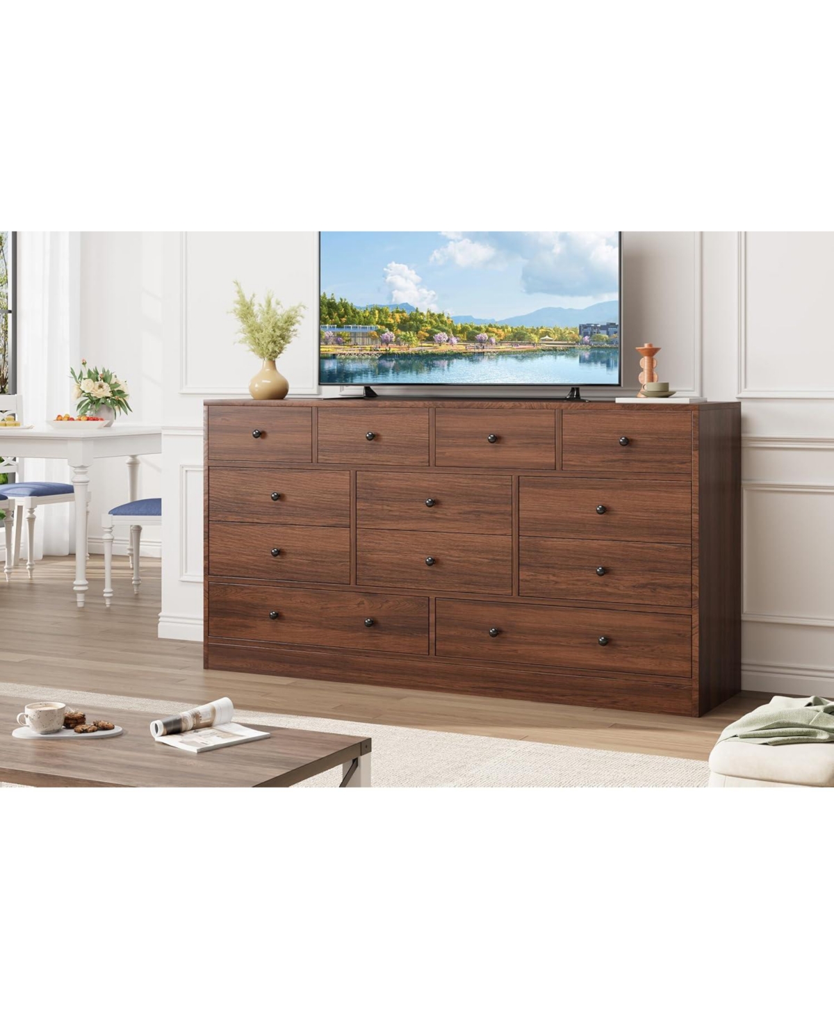 Draft - gaomon 12 Drawer Dresser for Bedroom, Long Modern Brown Dresser Tv Stand with Charging Station