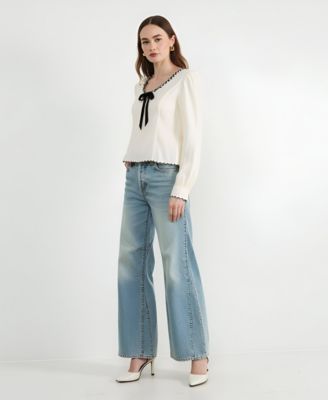 Women's Embroidered Blouse with Velvet Bow and Scalloped Hem