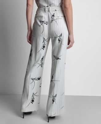 Women's Pinstripe Floral Mid-Rise Flared Pants