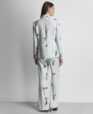 Women's Pinstripe Single-Button Blazer, Pinstripe V-Neck Sleeveless Vest, and Pinstripe Floral Mid Rise Flared Pants