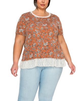 Plus Size Boho Floral Rib and Lace Pleat Back Short Sleeve Top