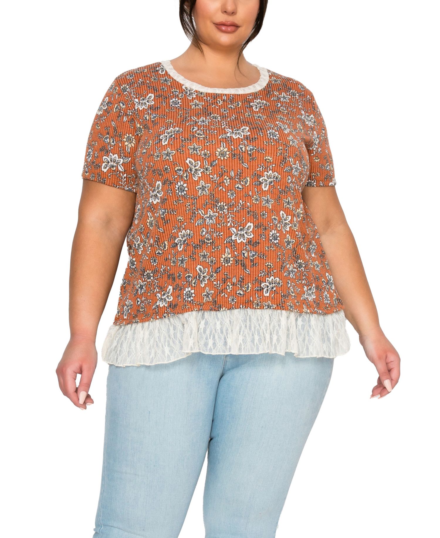 Plus Size Boho Floral Rib and Lace Pleat Back Short-Sleeve Top