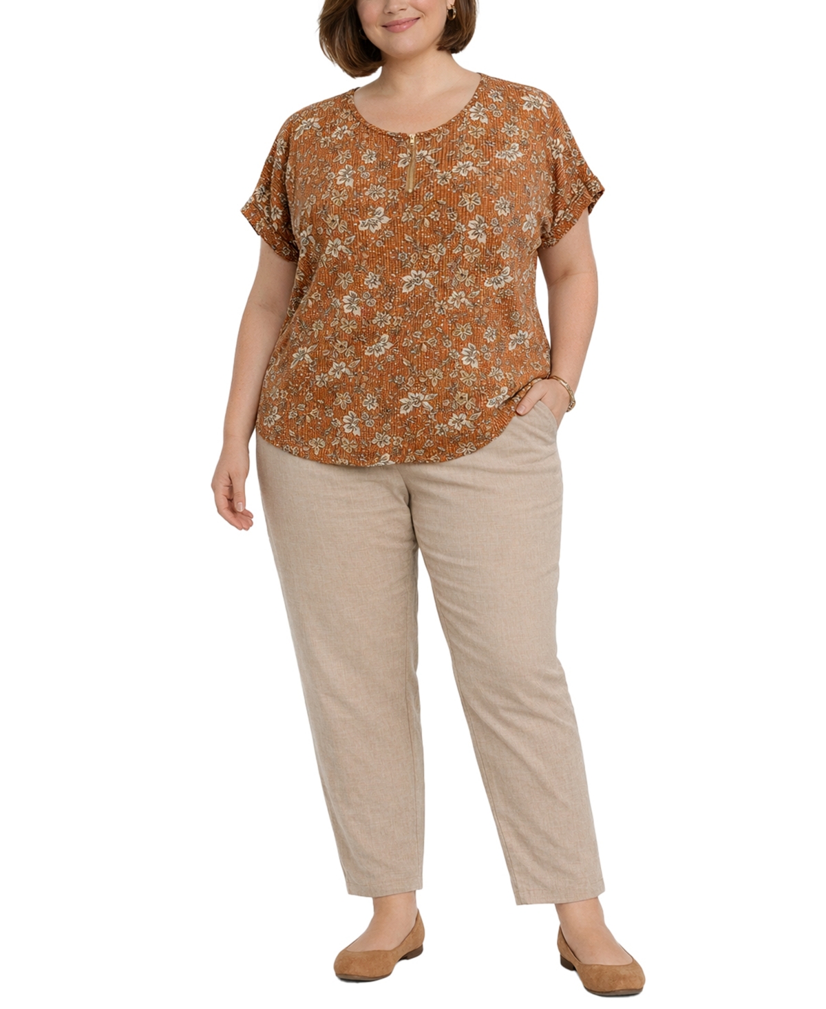Coin 1804 Plus Size Boho Floral Rib Zip Front Dolman Top