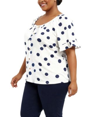 Plus Size Polka Dot Crinkle Knit Button Front Ruffle Sleeve Top