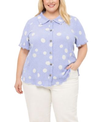 Plus Size Polka Dot Crinkle Knit Button Short-Sleeve Button Shirt