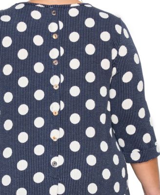 Plus Size Polka Dot Double Knit Button Back 3/4 Rolled Sleeve Top