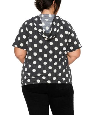 Plus Size Polka Dot Double Knit Hoodie Short- Sleeve Elastic Hem Top