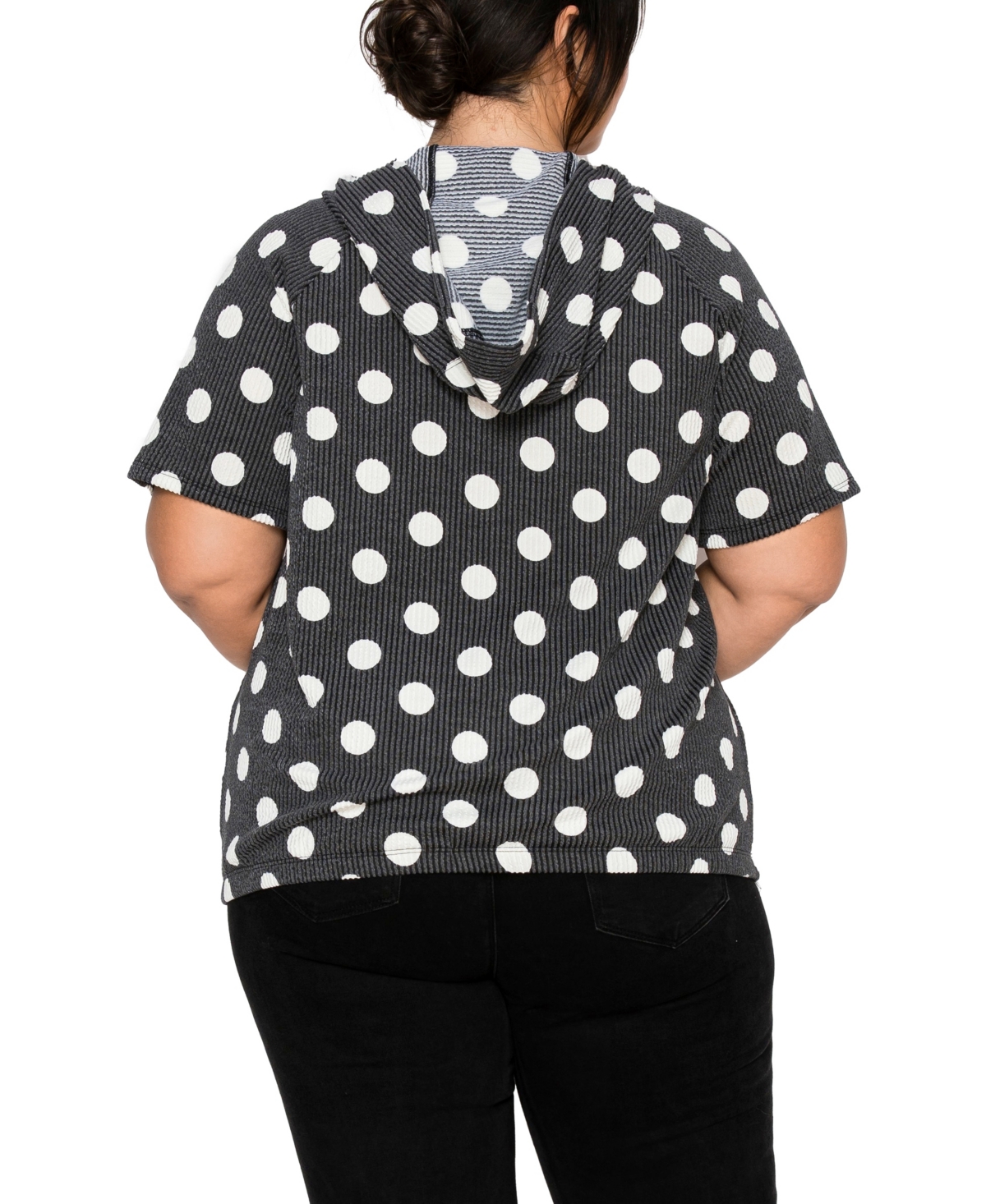 Coin 1804 Plus Polka Dot Double Knit Hoodie Short Sleeve Elastic Hem Top