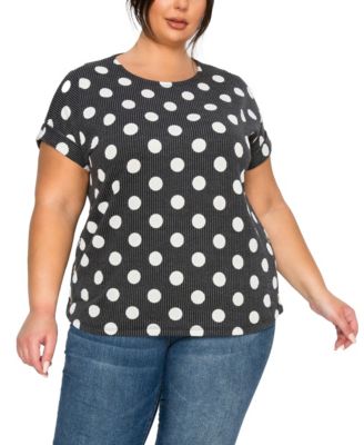 Plus Size Polka Dot Double Knit Rolled Sleeve Side Button Top