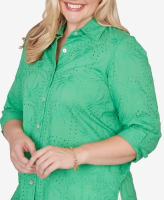 Petite Resort Living Eyelet Palm Tree Button Front Top