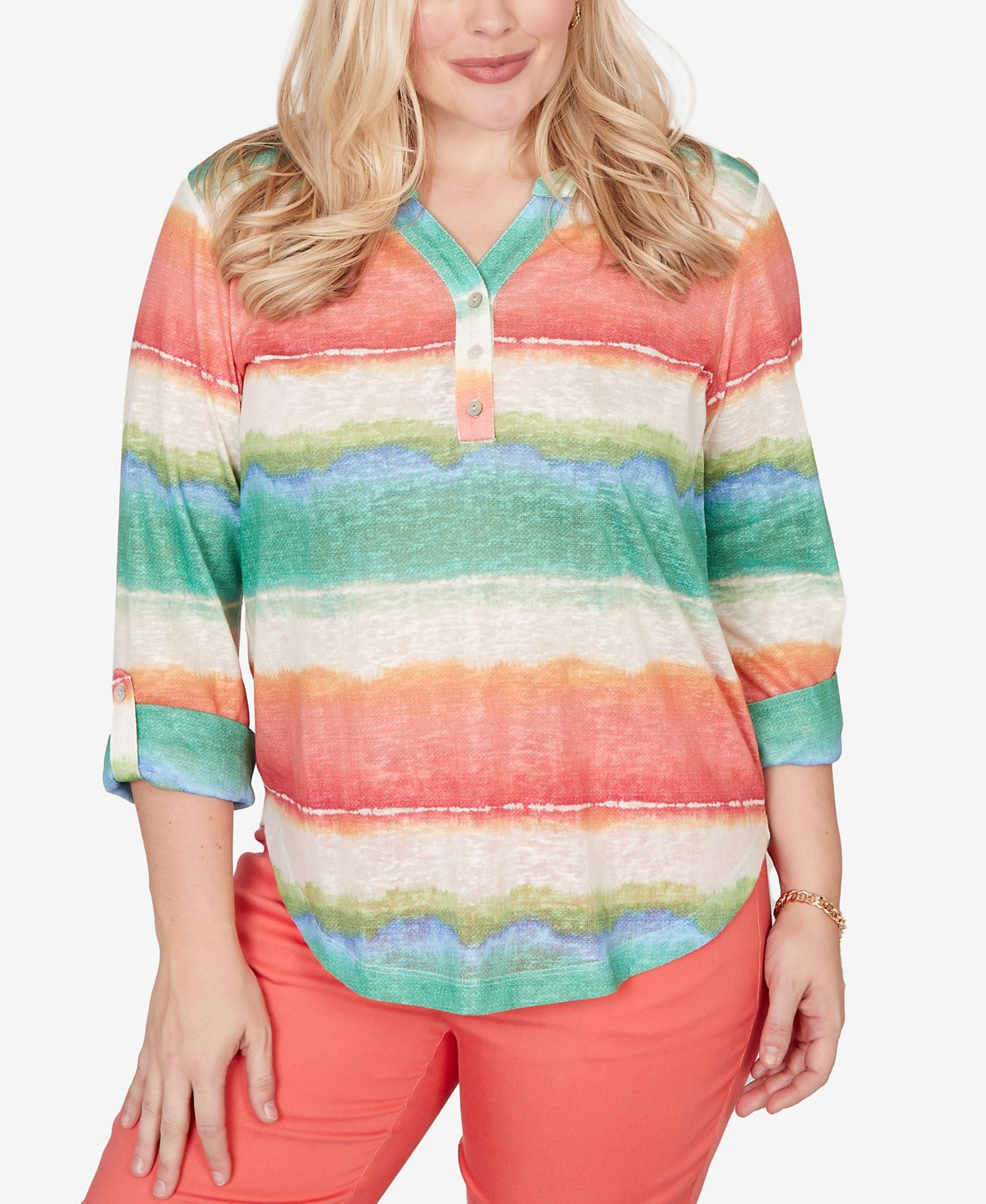Petite Resort Living Biadere Tie Dye Stripe Henley Top