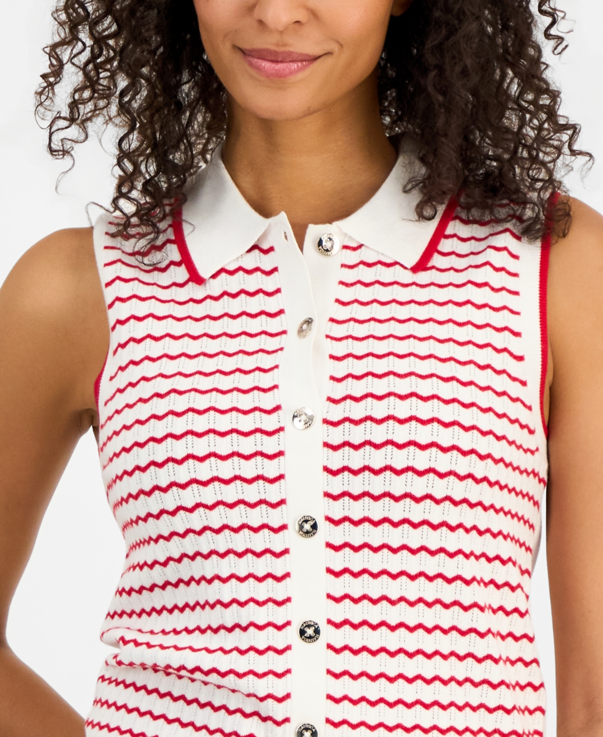 Nautica Women's Striped Sleeveless Pointelle Polo Sweater