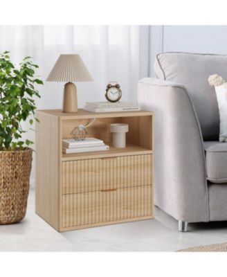 Fluted Farmhouse Night Stand with Charging Station, 23" Mid-Century Modern Nightstand, 2 Drawers End Table, Wood