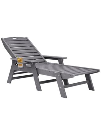 HDPE Chaise Lounge Chair, 400 lbs Capacity, 6-Position Adjustable Patio Lounge Chair with Backrest and Cup Holder, Gray