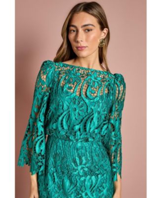 Women's Satin Lace Boat Neck Midi Dress