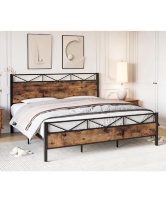 Bed Frame with Rustic Wood Headboard and Footboard, Heavy Duty Metal Platform Bed Frame with Steel Slat Support, No Box Spring Needed