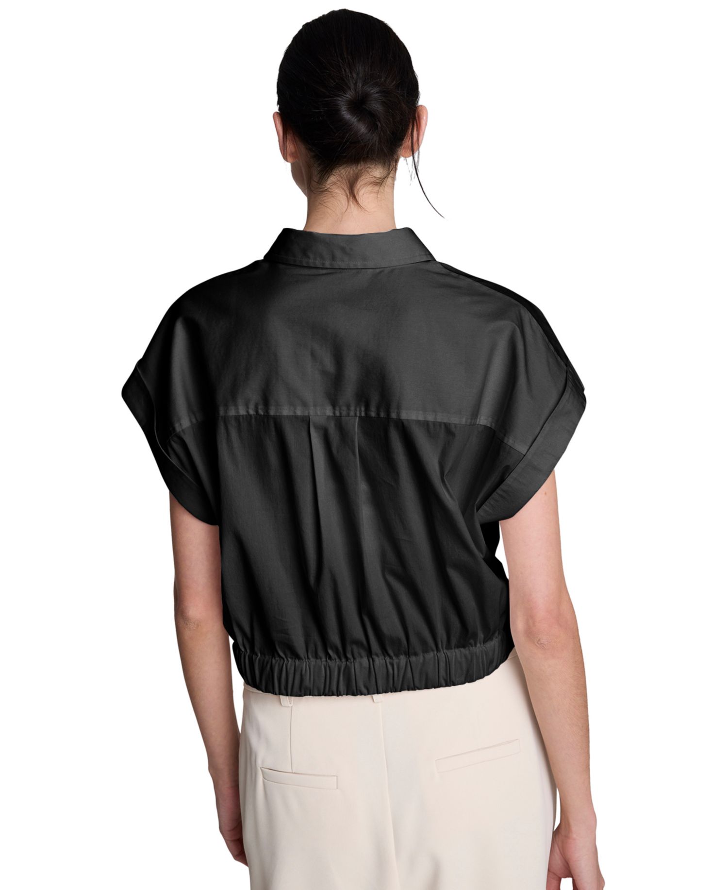Women's Short-Sleeve Button-Front Collared Cropped Shirt
