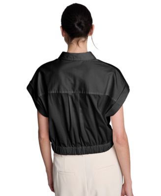 Women's Button Front Collared Cropped Shirt