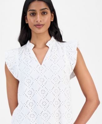 Women's Cotton Eyelet Flutter-Sleeve Top