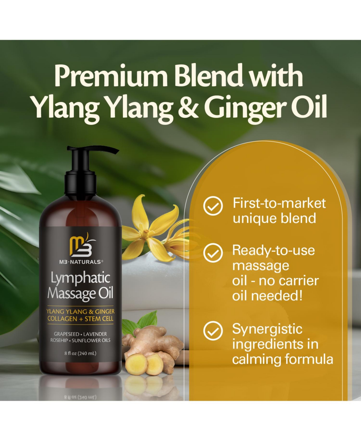 M3 Naturals - Ylang Ylang and Ginger Massage Lotion Infused with Collagen Stem Cell and Natural Essential Oils